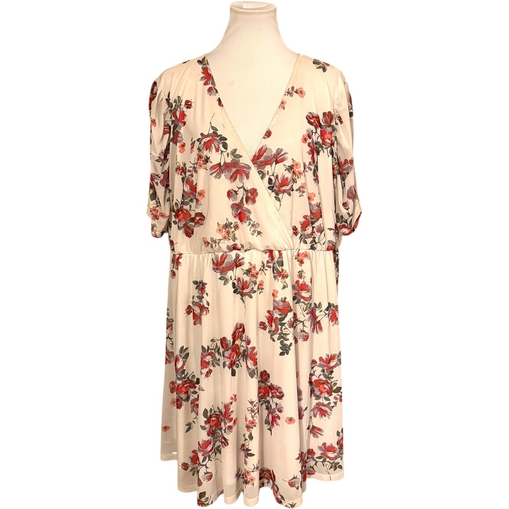 Maurices Floral Wrap Dress Women 2X Cream Pink Mesh Ruched Sleeve Knee Length - Picture 2 of 10